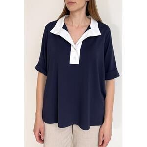 Hinson Wu Aileen Short Sleeve Collared Polo Shirt Navy/White Women's Size L NWT